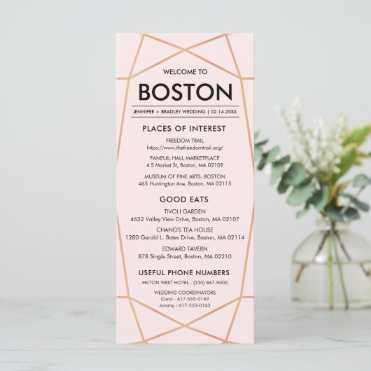 Geometrische Rose Gold Wedding Welcome Card Programm (Stehend Vorderseite)
