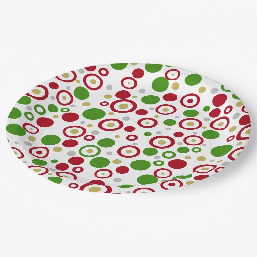 Geometrische rote, grüne Silver Gold-Circles Pappteller (Schrägansicht)