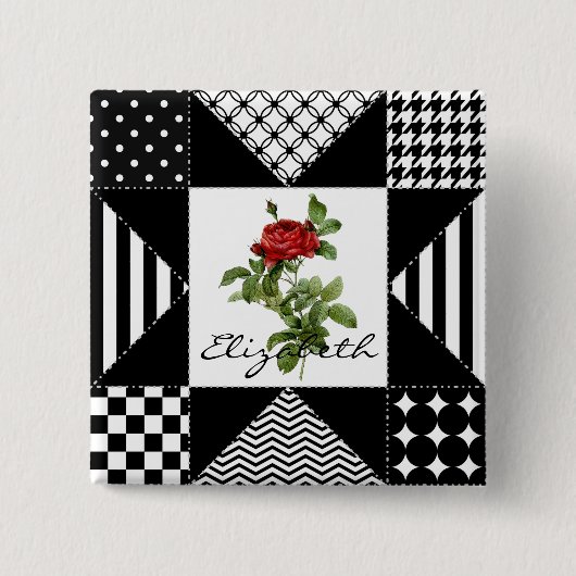 Geometrische Rote Rose von Girl Black und Weiß mit Button (Vorderseite)