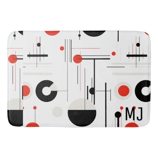 Geometrische, rote, schwarze Bauhaus-Formen auf we Badematte (Vorderseite)
