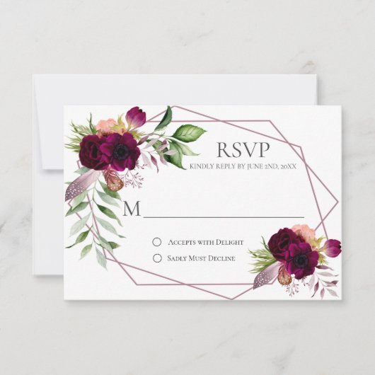 Geometrische RSVP-Karten für Bohemische florale Ro RSVP Karte (Vorderseite)