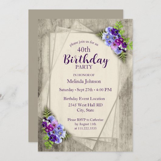 Geometrische rustikale Stiefmütterchen 40. Geburts Einladung (Vorne/Hinten)