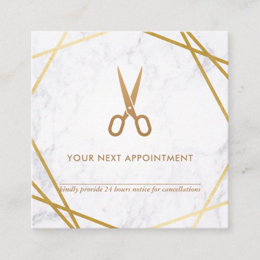 Geometrische Schere-Marmorhaar-Stylist-Verabredung Quadratische Visitenkarte (Vorderseite)