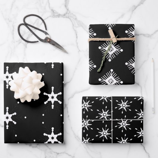 Geometrische Schneeflocken - Schwarz-weiß Geschenkpapier Set (Vorderseite)