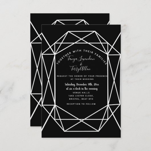 geometrische Schwarz-Kristall-Hochzeit INVITE-KART Einladung (Vorne/Hinten)