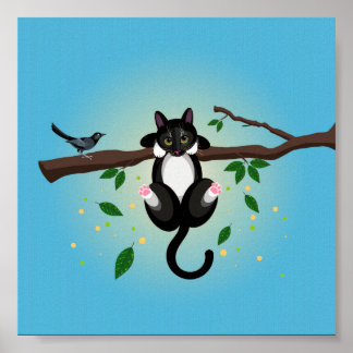 Geometrische Schwarz-Weiß-Katze in einer Baumdarst Poster