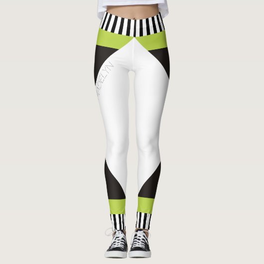 Geometrische schwarz-weiße Streifen, modern grün Leggings (Vorderseite)