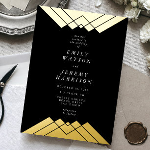 Geometrische schwarze Gold-Gatsby-Hochzeitsprägung Folieneinladung