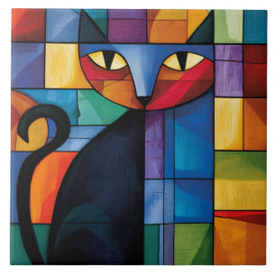 Geometrische schwarze Katze Buntglas-Raster Fliese