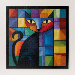 Geometrische schwarze Katze Buntglas-Raster Puzzle