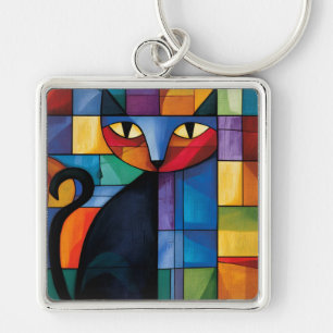 Geometrische schwarze Katze Buntglas-Raster Schlüsselanhänger