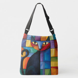 Geometrische schwarze Katze Buntglas-Raster Tragetaschen Mit Langen Trägern