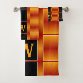 Geometrische schwarze und goldene Orangenquadrate Badhandtuch Set