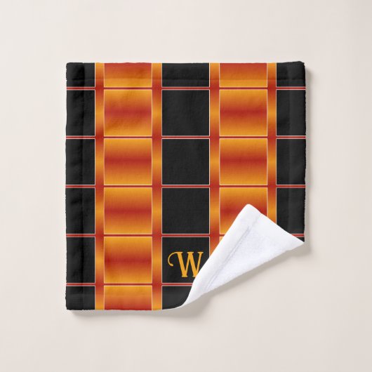 Geometrische schwarze und goldene Orangenquadrate Badhandtuch Set (Waschlappen)
