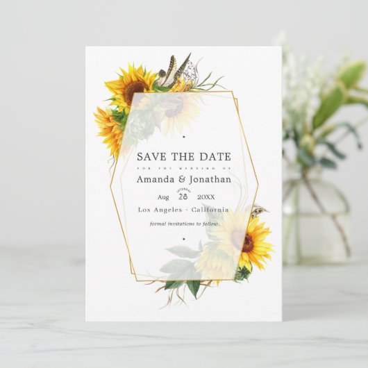 Geometrische Sonnenblume Rustikale Brauerei Hochze Einladung (Stehend Vorderseite)