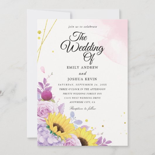 geometrische Sonnenblume und lila Einladungen (Vorderseite)