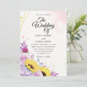 geometrische Sonnenblume und lila Einladungen (Stehend Vorderseite)