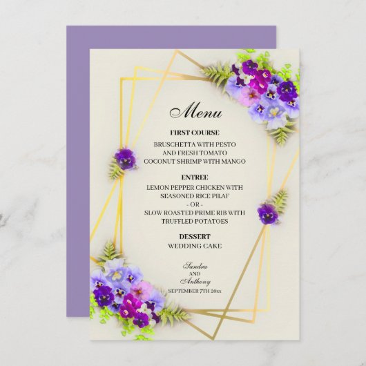 Geometrische Stiefmütterchen in Blue & Lila Menu C Menükarte (Vorne/Hinten)