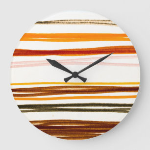 Geometrische Streifen, Aquarellbilder in Orange Große Wanduhr