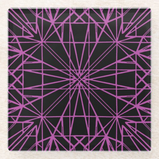 Geometrische Symmetrie Schwarz & Lila/Magenta Glasuntersetzer (Vorderseite)