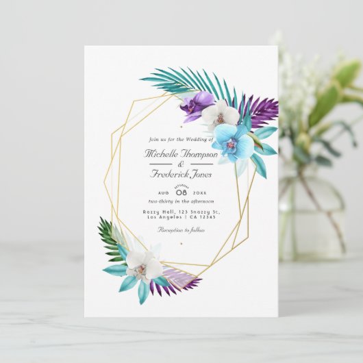 Geometrische tropische Orchideen QR Code UAWG Wedd Einladung (Stehend Vorderseite)