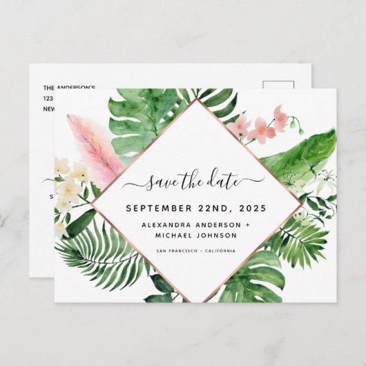 Geometrische tropische Palmfarbe Save the Date Ankündigungspostkarte (Vorne/Hinten)