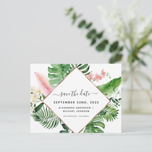 Geometrische tropische Palmfarbe Save the Date Ankündigungspostkarte (Stehend Vorderseite)