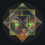 Geometrische Verriegelung Diamant Pop Art Pet Cat Große Wanduhr<br><div class="desc">Einzigartig ineinander greifender Diamant, dreieckig farbige Pop Art Haustier Katze. Grüne Augen und rosa Nase zeigen durch dieses funky geometrische Maskendesign.</div>