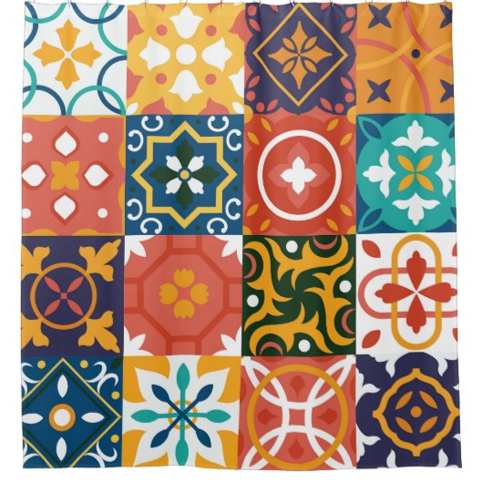 Geometrische Vintage Tiles Verziertes Muster Duschvorhang (Vorderseite)