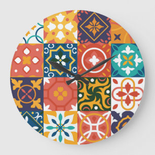 Geometrische Vintage Tiles Verziertes Muster Große Wanduhr