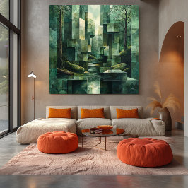 Geometrische Waldlandschaft in Schattierungen von Leinwanddruck