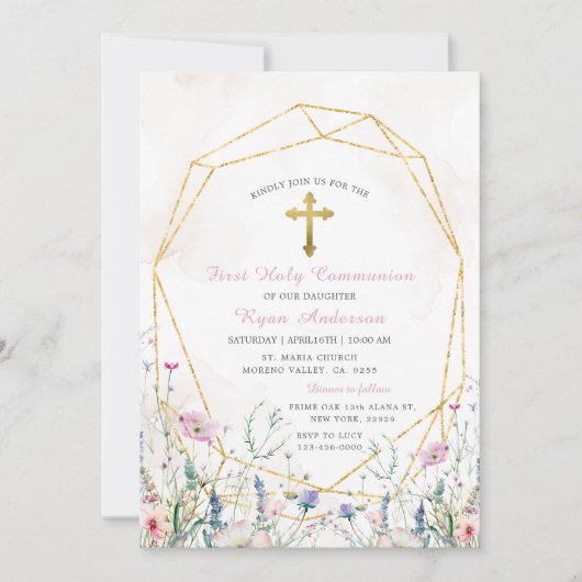 Geometrische Wildblume Erste Heilige Kommunion Einladung (Vorderseite)