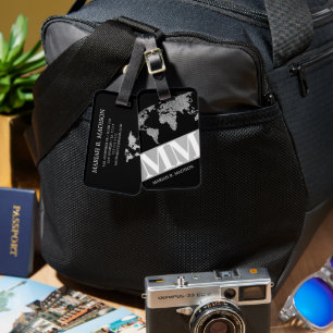 Geometrische World Traveller Map Silver Metal Mono Gepäckanhänger