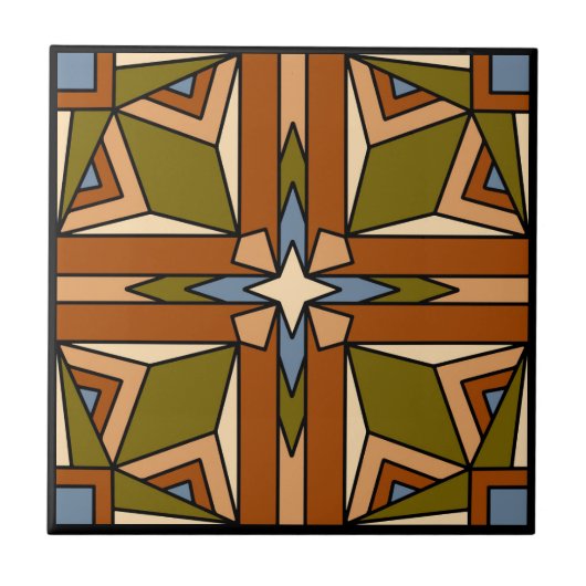 Geometrische Wüste in Olive, Burnt Sienna und Blau Fliese (Vorderseite)