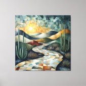 Geometrische Wüstenlandschaft mit Kaktus und Sonne Leinwanddruck (Vorderseite)