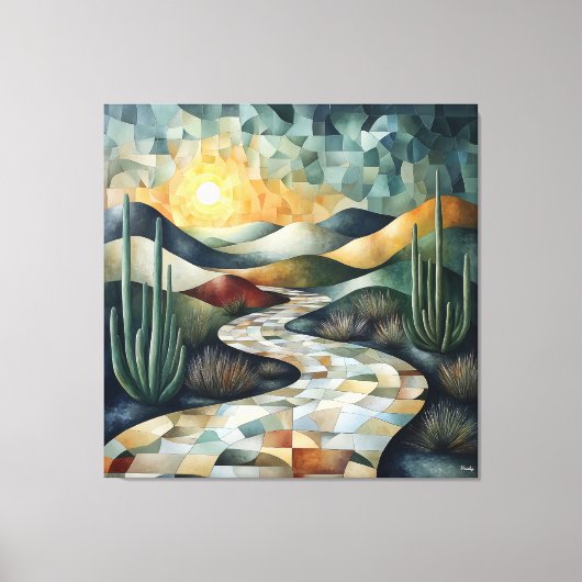 Geometrische Wüstenlandschaft mit Kaktus und Sonne Leinwanddruck (Vorderseite)