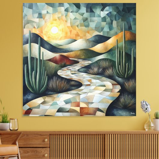 Geometrische Wüstenlandschaft mit Kaktus und Sonne Leinwanddruck (Insitu (Wohnzimmer))