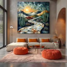 Geometrische Wüstenlandschaft mit Kaktus und Sonne