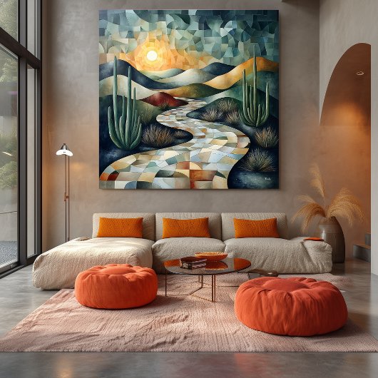 Geometrische Wüstenlandschaft mit Kaktus und Sonne Leinwanddruck