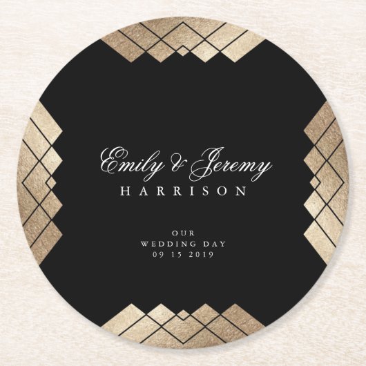 Geometrischer Black Gatsby Wedding Table Untersetz Runder Pappuntersetzer (Vorderseite)
