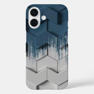 Geometrischer blauer und weißer Chevron-Sechseck-H iPhone 16 Hülle