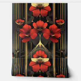 Geometrischer Deko aus Gold und Roter Flora Tapete