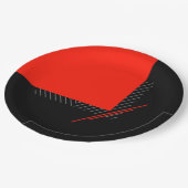 geometrischer Druck in Rot, Schwarz und Weiß Pappteller (Schrägansicht)