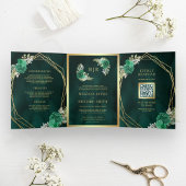 Geometrischer Emerald Green Floral QR Code Wedding Dreifach Gefaltete Einladung