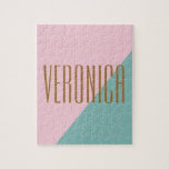 Geometrischer Farbblock Pink Aquamariner Personali Puzzle<br><div class="desc">Hübsch Modernes Abstrakt geometrisches Farbblock Personalisiert Name Puzzle</div>