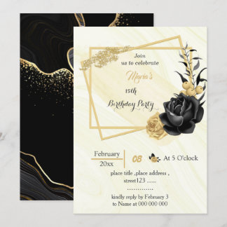 geometrischer Geburtstag der Blume Gold und Schwar Einladung