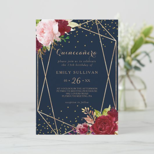 Geometrischer Glitzer Red Quinceñera Einladung (Stehend Vorderseite)