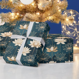 Geometrischer Goldlotus auf Türkis Geschenkpapier