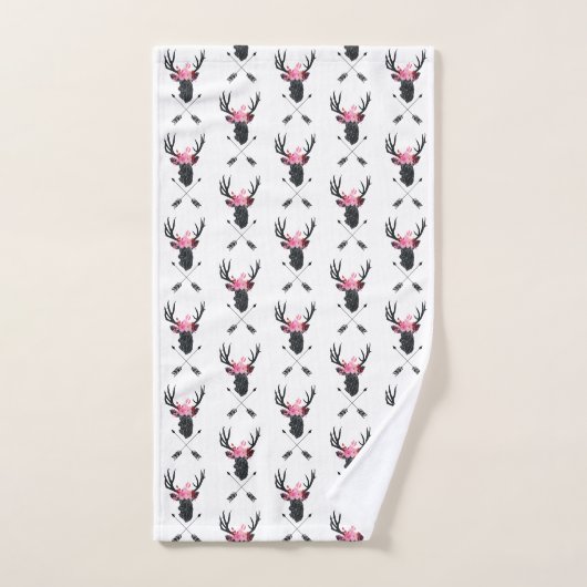 Geometrischer Hirschkopf mit Blume und überkreuzte Badhandtuch Set (Handtuch)