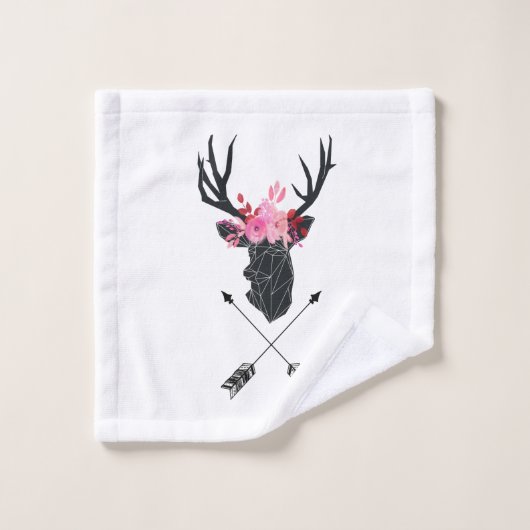 Geometrischer Hirschkopf mit Blume und überkreuzte Badhandtuch Set (Waschlappen)